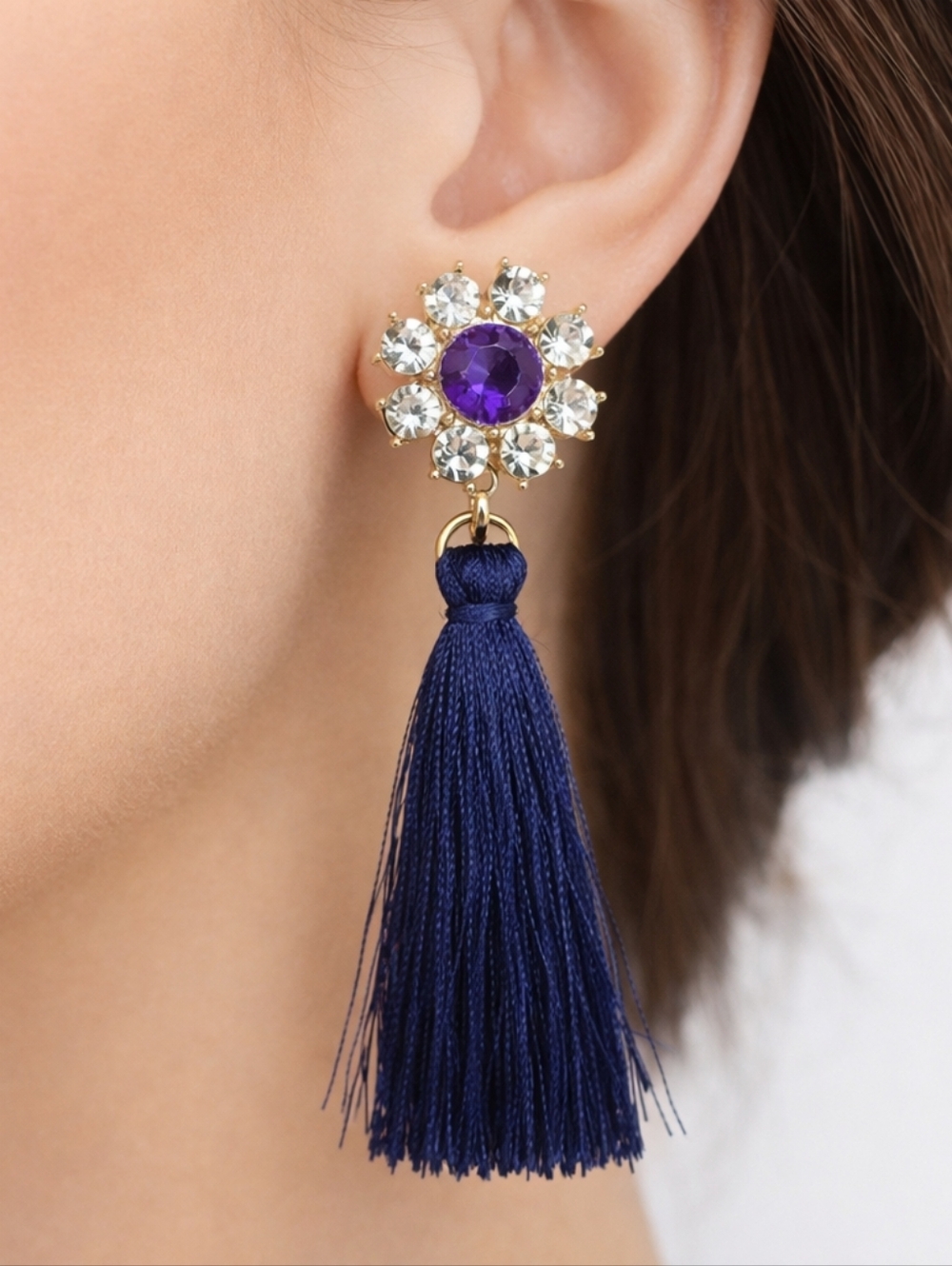 Gold-tone Clear and Purple Crystal Drop Dangle Blue Tassel Earrings